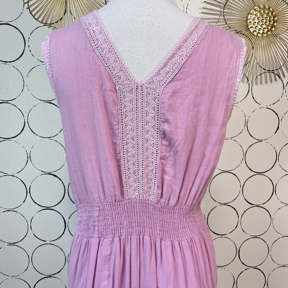 Crochet Tiered Maxi Dress Womens L Pink Purple Cottage Boho Romantic Cotton - Picture 10 of 15